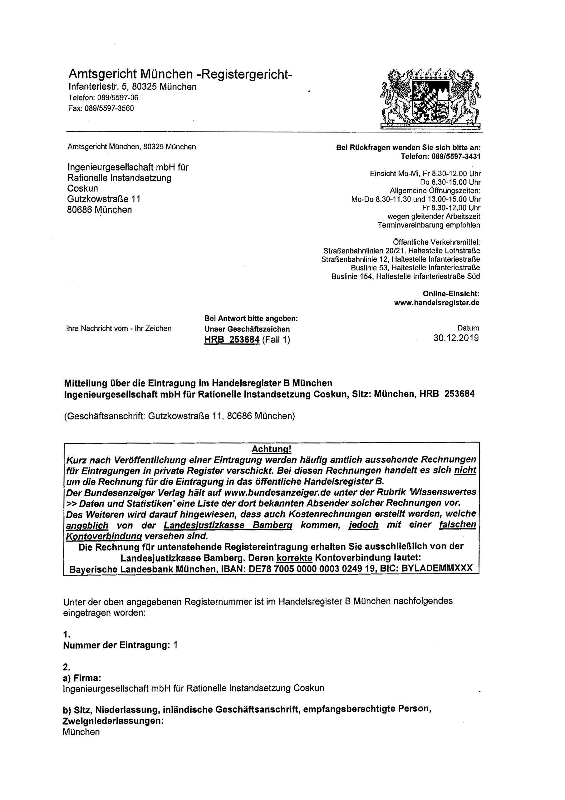 Handelsregister - Ingenieurgesellschaft mbH Coskun